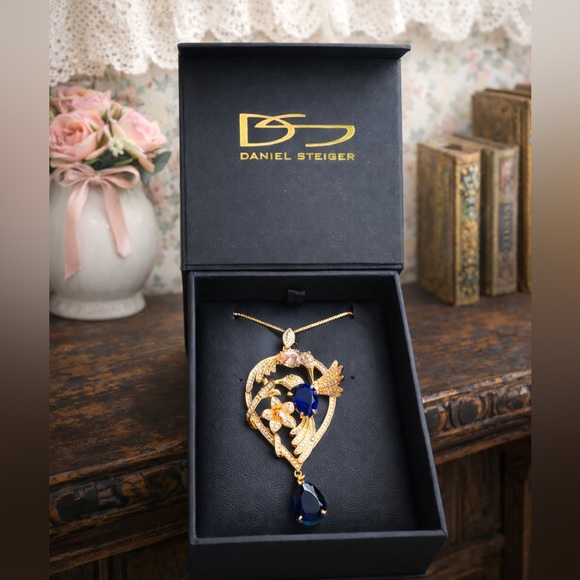 daniel steiger Jewelry - Daniel Steiger Hummingbird Sterling Gold tone and Blue Teardrop Pendant Necklace